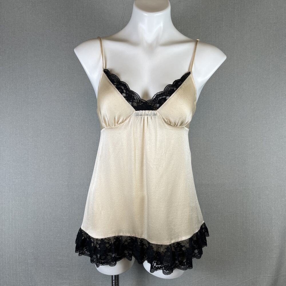Victoria's Secret Size S 100% Silk Mini Nightie Coquette Beige Black Lace Trim